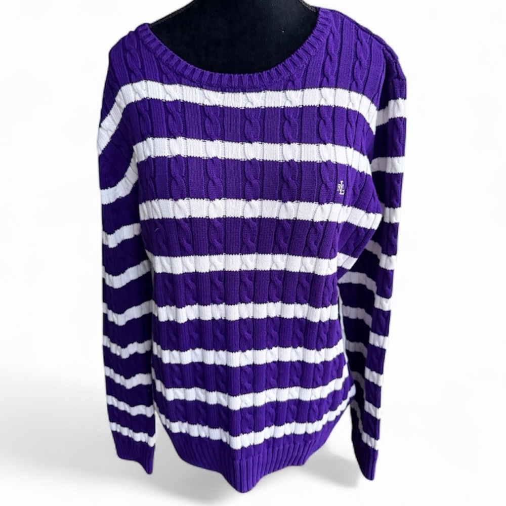 RALPH LAUREN Cable-Knit Striped Scoop Neck Sweater Purple Women’s Size Large